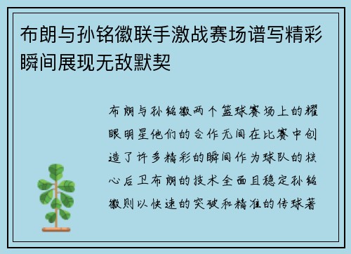 布朗与孙铭徽联手激战赛场谱写精彩瞬间展现无敌默契
