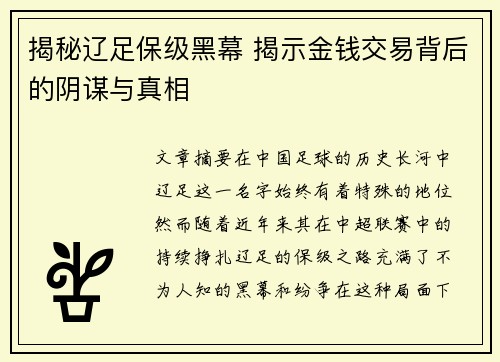 揭秘辽足保级黑幕 揭示金钱交易背后的阴谋与真相